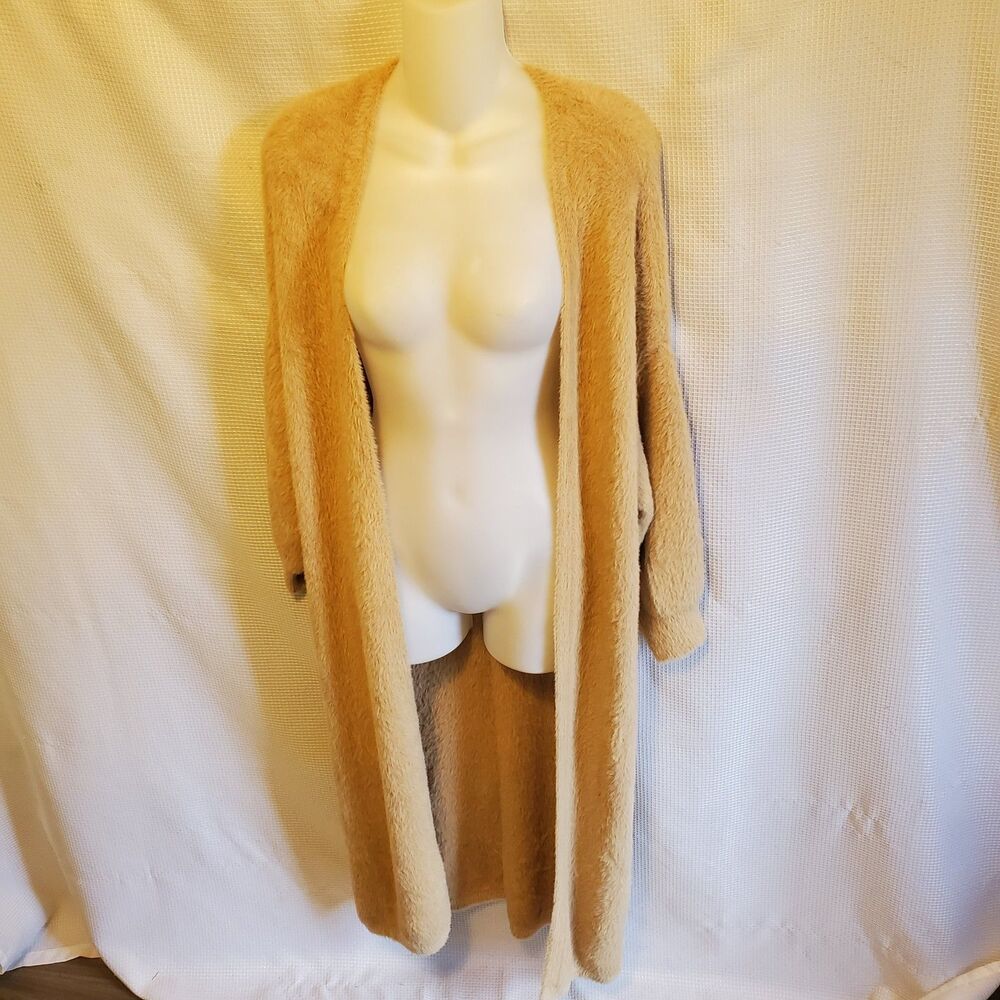 Express Womens Open Duster Cardigan Sz XS Tan Fuzzy Knit Maxi Super Soft Beige